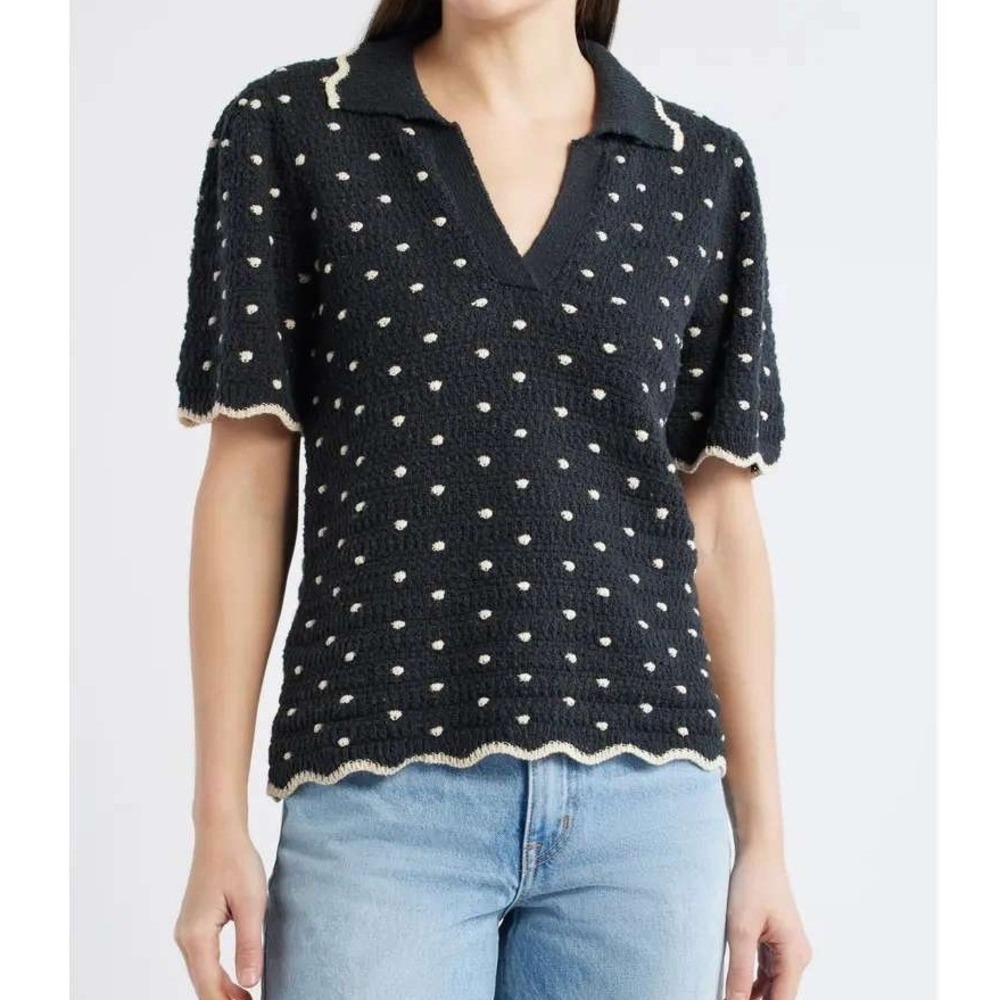 Wit & Wisdom Polka Dot Polo Knit Top Womens L Navy Scallop Trim V Neck Old Money
